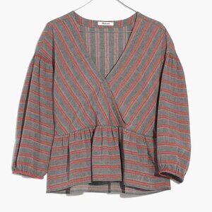 Madewell Striped Bubble-Sleeve Peplum Top Coastal Orange Vicky Stripe Size XXS